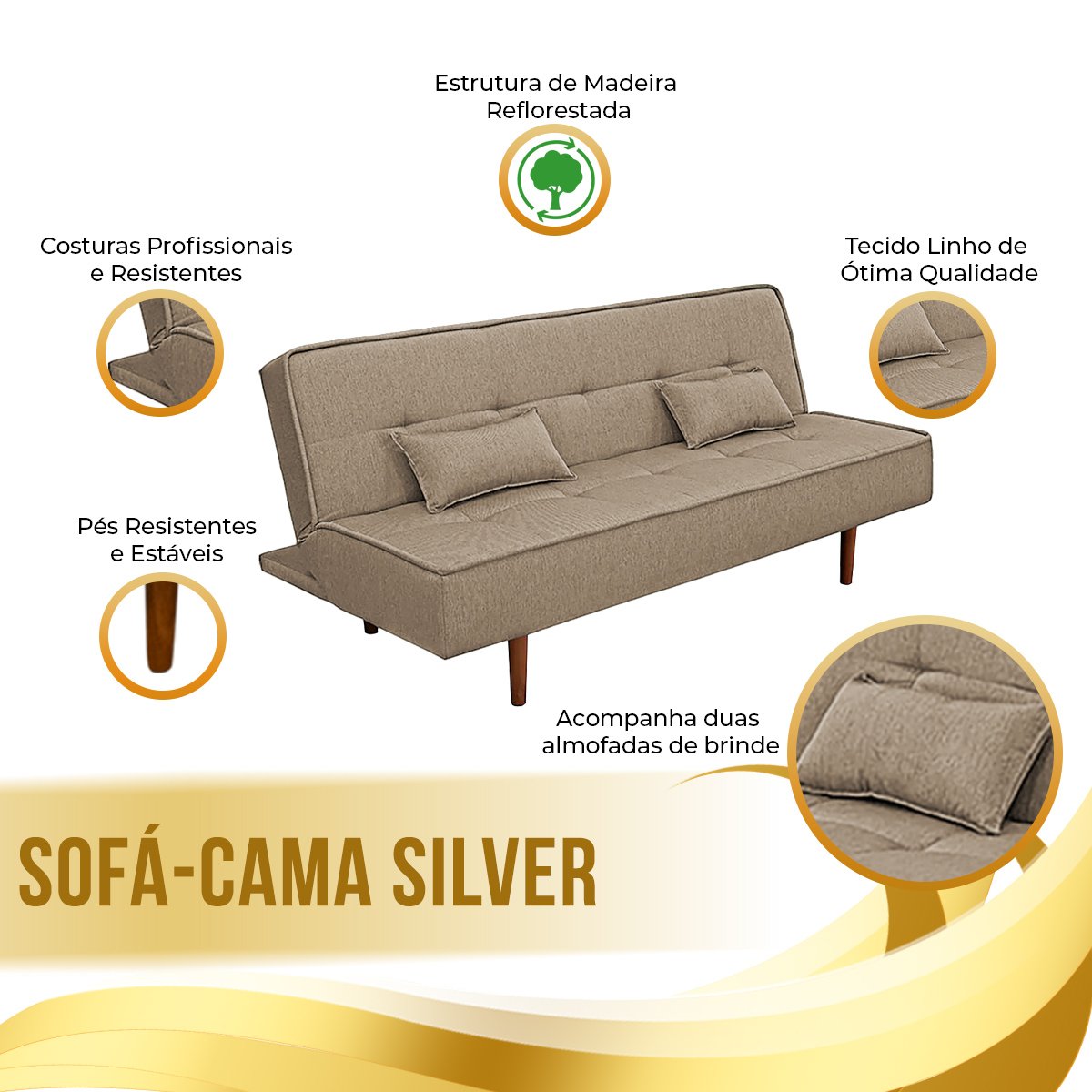 Sofá Cama Silver Linho Capuccino 1,92 - Star Confort - 6