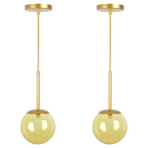 Kit 2 Pendentes Jabuticaba Dourado Globo de Vidro Âmbar