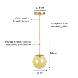Kit 2 Pendentes Jabuticaba Dourado Globo de Vidro Âmbar - 3