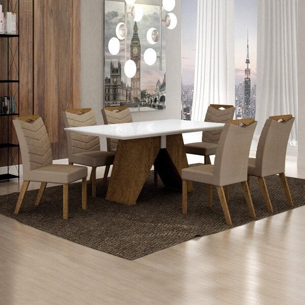 Conjunto Sala de Jantar Mesa Tampo de Vidro Branco 6 Cadeiras Verona Leifer - 1