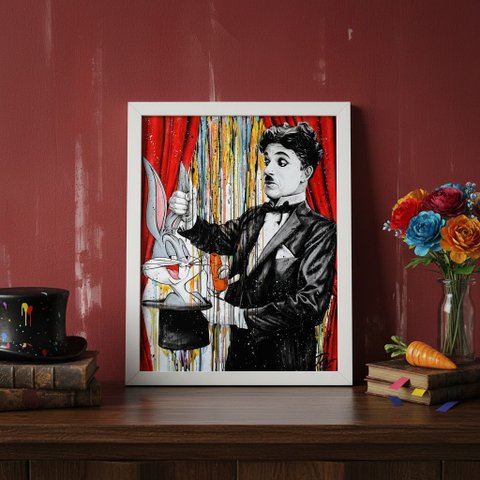 Quadro Charlie Chaplin Fazendo Mágica 24x18cm Mold Branca