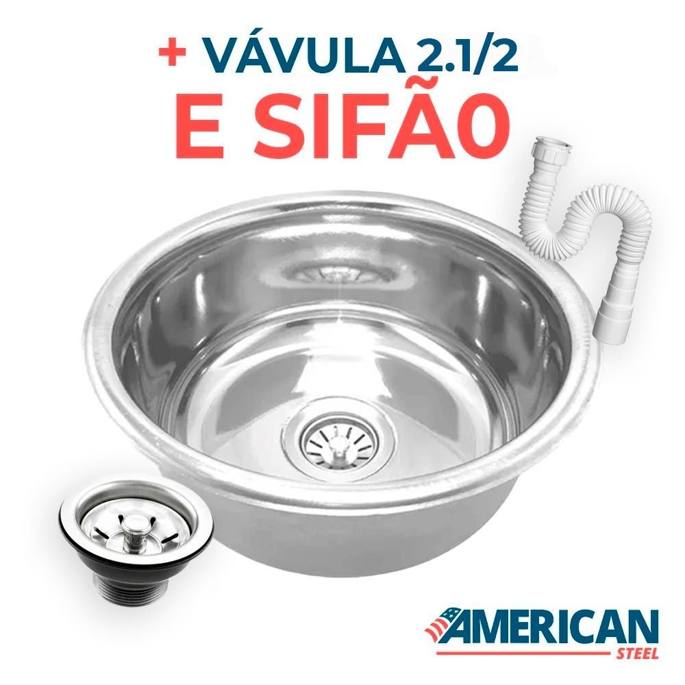 Cuba Redonda Cozinha 25 Cm Aço Inox 430 com Válvula e Sifão - 5