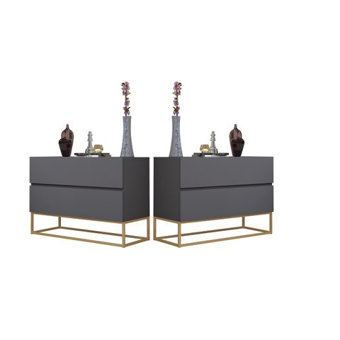 Kit 2 Mesa Cabeceira Industrial Com Pés de Ferro Dourado 2 Gavetas Puxador Cava Cor Cinza