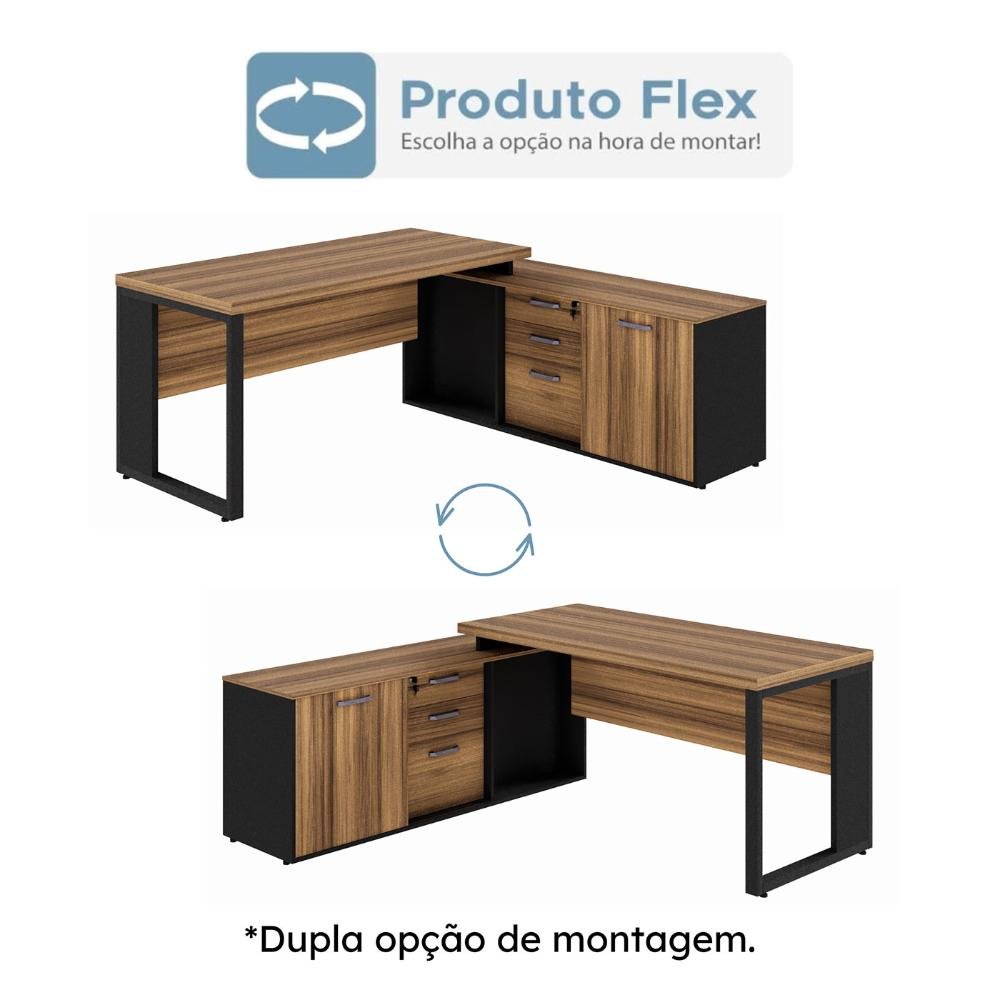 Mesa em L 1,50m Armário Lateral 3 Gavetas Pé Metal Ng Pr F5 Cor:nogal com Preto - 6