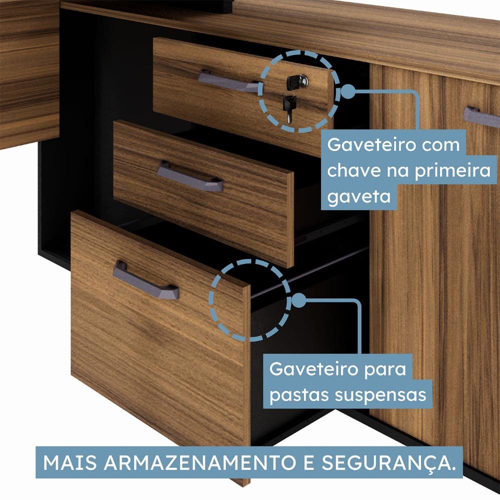 Mesa em L 1,50m Armário Lateral 3 Gavetas Pé Metal Ng Pr F5 Cor:nogal com Preto - 9