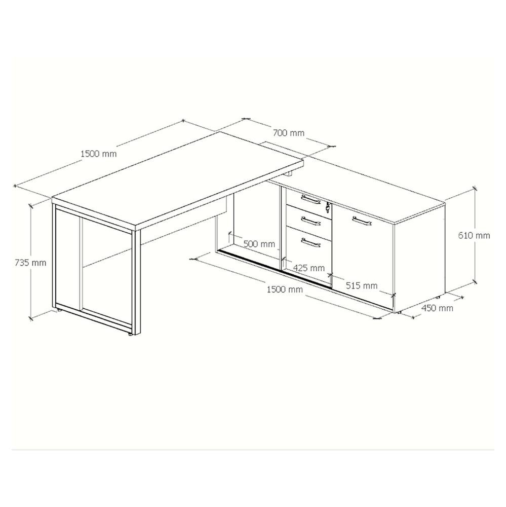 Mesa em L 1,50m Armário Lateral 3 Gavetas Pé Metal Ng Pr F5 Cor:nogal com Preto - 2