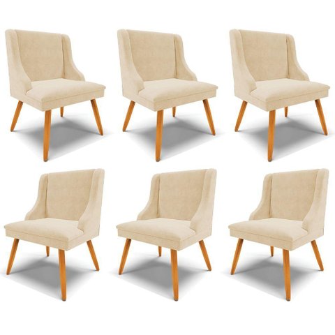 Kit 6 Cadeiras Decorativas Sala de Jantar Pés Palito de Madeira Firenze Suede Bege/natural G19