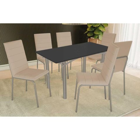 Conjunto: Mesa Sala Jantar Elba Tampo Madeirado C/ Vidro 160cm e 6 Cadeiras Amsterdã Niquel/preto