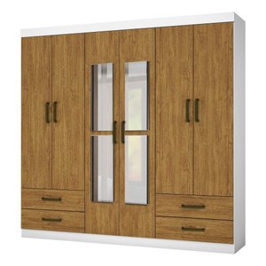 Guarda Roupa Casal 6 Portas 4Gavetas e Espelho Freijó/Branco