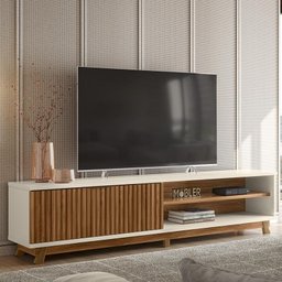 Rack Bancada Arcade Ripado 2.1 para TV até 75” Cinamomo Mel/Off White - PR Móveis - 2