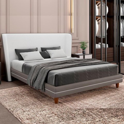 Cama Japonesa com Cabeceira Corea Casal Courino Cinza / Bouclê Suave Off White - Sallar Home