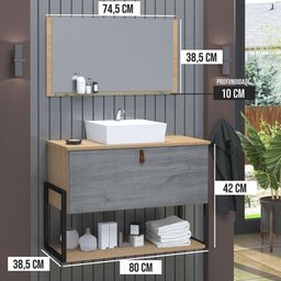 Gabinete de Banheiro Vegas 1 Prateleira 1 Porta 80cm Freijó e Cinza Rovere - Cinza - 3