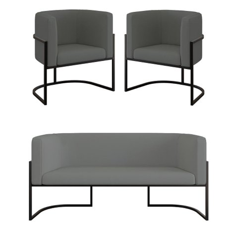 Kit 2 Poltronas + Sofá 2 Lugares Base de Metal Black Veludo Cor:cinza