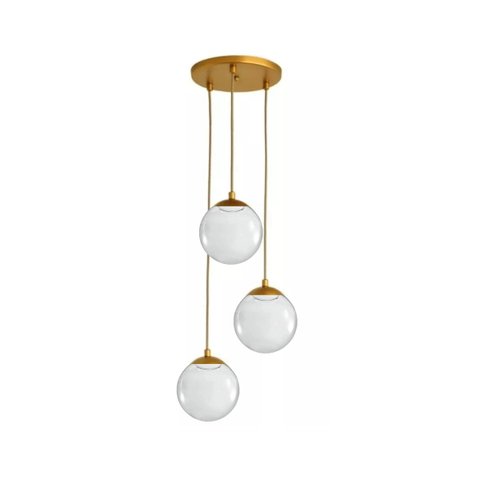 Pendente Moderno Dourado Globo Triplo P/ Sala Espaço Gourmet Arevo Iluminação Jabuticaba VIDRO TRANS