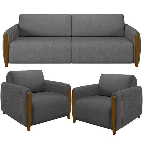 Kit Sofá 03 Lugares Sala Estar 223cm com 02 Poltronas Flora Pés Madeira M03 Linho Chumbo - Lyam
