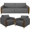 Ver imagem 1 de Kit Sofá 03 Lugares Sala Estar 223cm com 02 Poltronas Flora Pés Madeira M03 Linho Chumbo - Lyam