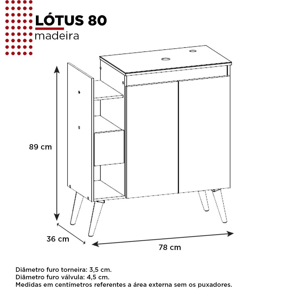 Gabinete Lótus 80 Madeira P/ Banheiro C/ Pés sem Cuba Cozimax - Jequitibá C/ Nude - 5