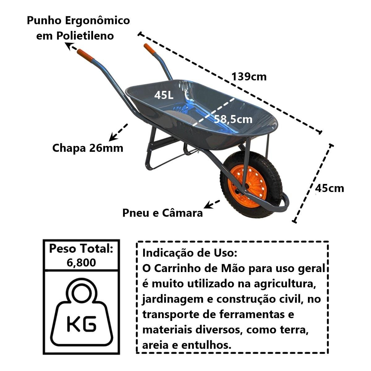 Carrinho de Mão em Aço Carbono Pneu e Câmara Chapa 26mm 45l Minasul - 5