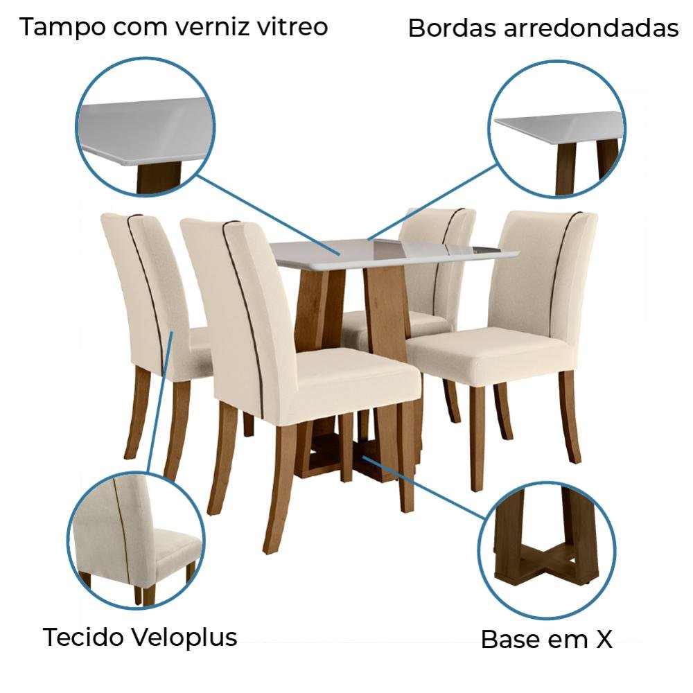 Conjunto de Mesa Sala de Jantar Atenas com 4 Cadeiras Carvalho/Off White/Bege 0,90m Dobuê - 10