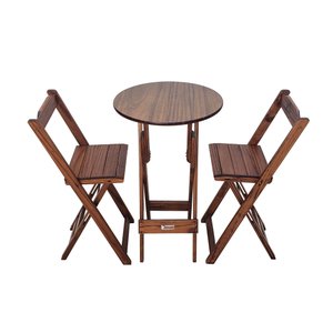 Conjunto Bistrô Mesa Dobrável de Madeira Redonda com 2 Banquetas Imbuia - Tarimatã