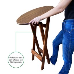 Conjunto Bistrô Mesa Dobrável de Madeira Redonda com 2 Banquetas Imbuia - Tarimatã - 4