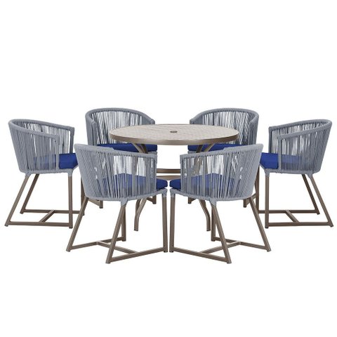 Mesa com 6 Cadeiras de Jantar Roma 120cm e Noronha em Alumínio Marrom Corda Náutica Estofado 10 Tram