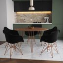 Ver imagem 1 de Mesa Jantar Redonda 110Cm Amêndoa Clips 3 Pés Com 5 Poltronas Pretas Base Cobre - Cor: Amendoa
