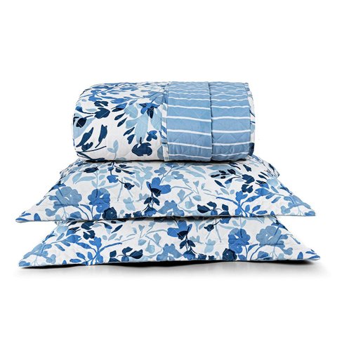Kit Cobre Leito Colcha Belle Casal Padrão Estampado Dupla Face 400 Fios 3 Peças Florido Azul