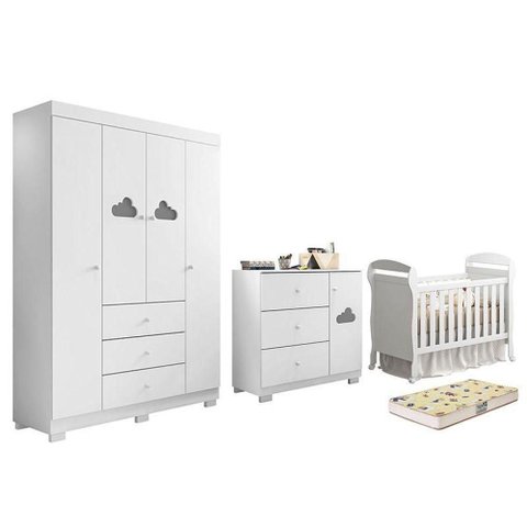 Conjunto de Quarto Infantil Ane Guarda Roupa Cômoda Berço 4 Portas 3 Gavetas MDF Branco Phoenix