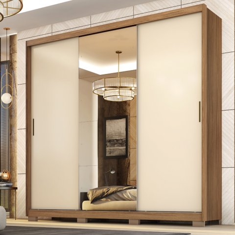 Guarda Roupa Casal 3 Portas com Espelho e 4 Gavetas Dalila - Amêndola Touch/off White