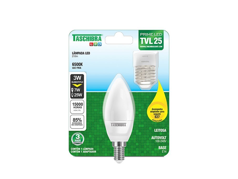 Lâmpada Led Vela Leitosa 3w 6500k E-14/e-27 Taschibra - 2