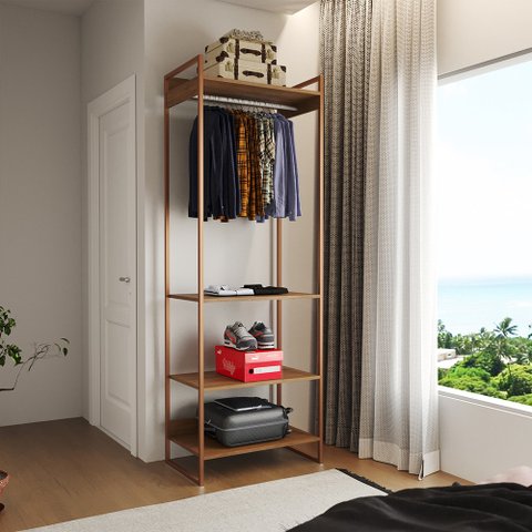 Guarda Roupa Aberto Industrial Modulado Solteiro Amêndoa Cabideiro Base Cobre