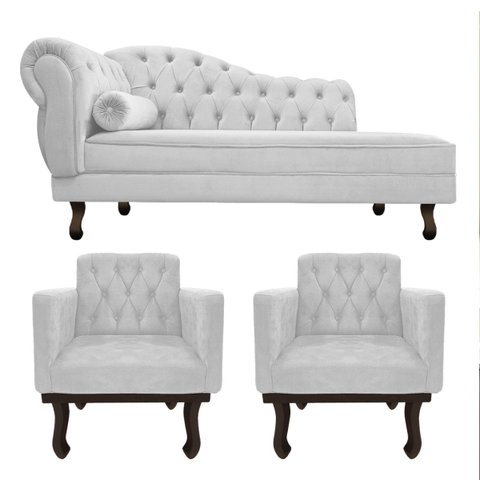 Kit Diva Recamier Diana 185cm Lado Direito e 02 Poltronas Classic Suede Branco - ADJ Decor