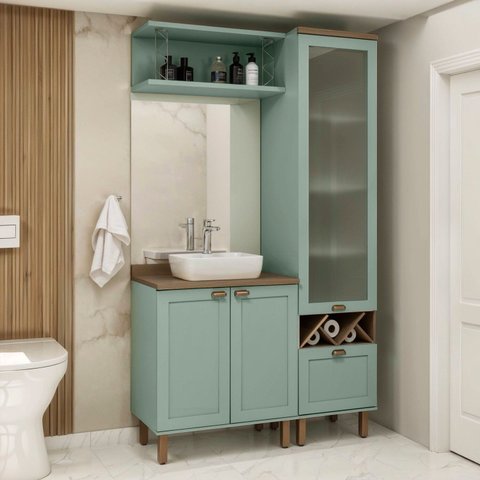 Conjunto de Banheiro Modulado 100% MDF Americano 3 Peças com Armário de Vidro Iluminata Verde/Mint/É
