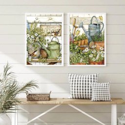 Kit 2 Quadros Jardim - Flores e Regadores 33x24cm - com Vidro:moldura Branca - 2