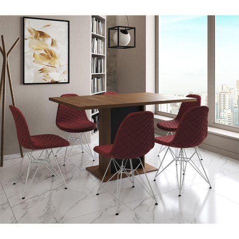 Mesa Jantar Londres Retangular Amêndoa 137x90 Base Preta 6 Cadeiras Estofadas Vermelho Ferro Branco
