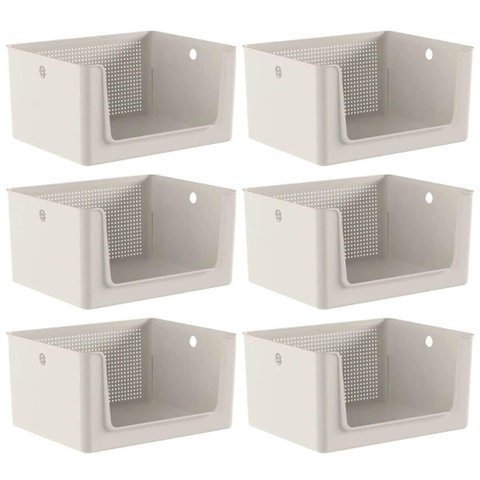 6 Caixas Organizadoras Flow 16l Cestos Bege Abertura Frontal