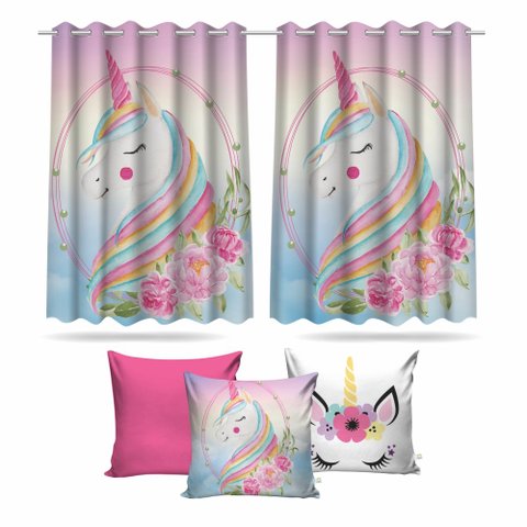 Kit Cortina Infantil Unicórnio Mod 2 + 3 Capas Almofada