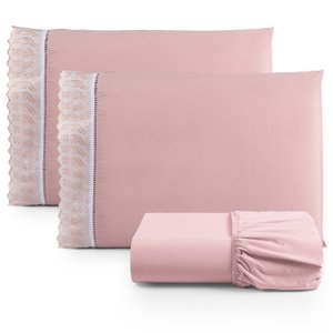 Jogo de Lençol Cama King Size 3 Peças 100% Algodão Percal 180 fios Com Leze:Rosê