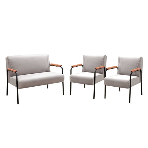 Kit Namoradeira + 2 Poltronas Jade Braços Metal Decoração Recepção Sala - Suede Bege