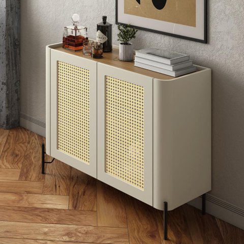 Buffet Aparador 98,5cm Porta Sextavada 100% Mdf Pés Metal Cor:louro e Luna com Preto