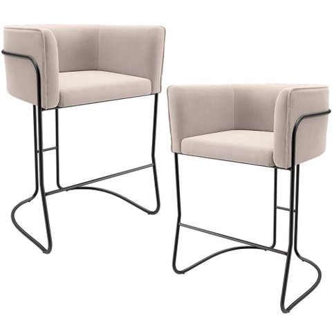 Kit 02 Banquetas Baixa Base de Aço Preto Betina D02 Suede Bege C-309 - Lyam Decor