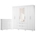 Ver imagem 1 de Guarda Roupa Casal com Cômoda Xangai 8 Portas de Bater com Espelho 10 Gavetas MDP Branco Albatroz