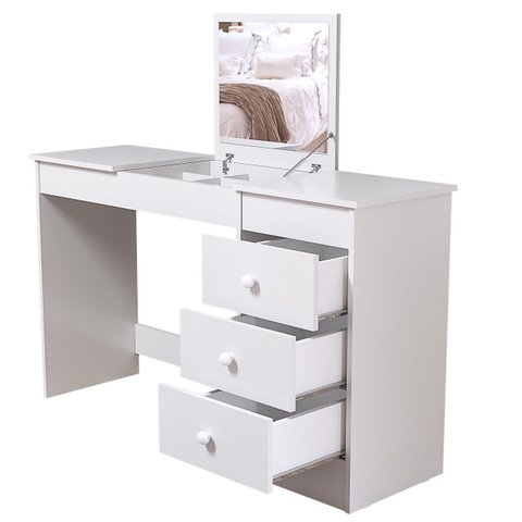 Escrivaninha e Penteadeira Branca Moderna com 3 Gavetas e Espelho