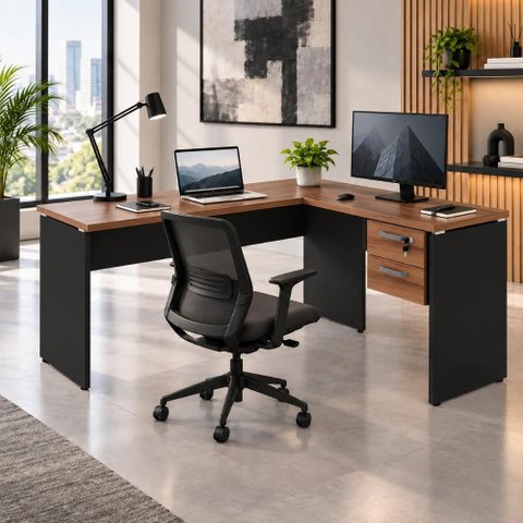 Mesa Escrivaninha 30mm 150cm em L com Gaveteiro Pés Painel F5 Office Cor:Nogal com Preto