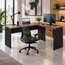 Ver imagem 1 de Mesa Escrivaninha 30mm 150cm em L com Gaveteiro Pés Painel F5 Office Cor:Nogal com Preto