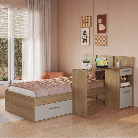 Cama de Solteiro Juvenil com Escrivaninha El Calafate Marrom/Mel/Arenas