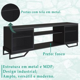 Rack 180 Cm 2 Pt Aparador 130 Cm Industrial 27x21 Preto Pp - 4