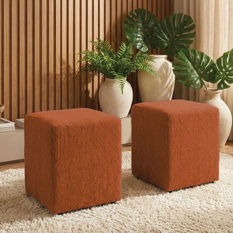 Puff Sala Decorativo Quadrado Kit 2 Lucca Base Fixa Bouclê Terracota G02 - D’Rossi