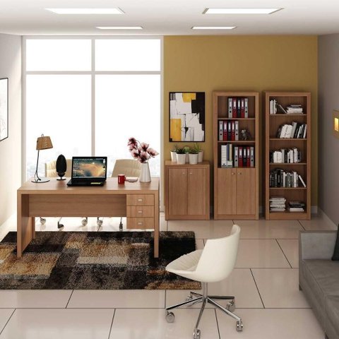 Kit para Escritório 4 Peças 1 Mesa 2 Estantes e Balcão 3 Gavetas MDP Amêndoa Tecno Mobili